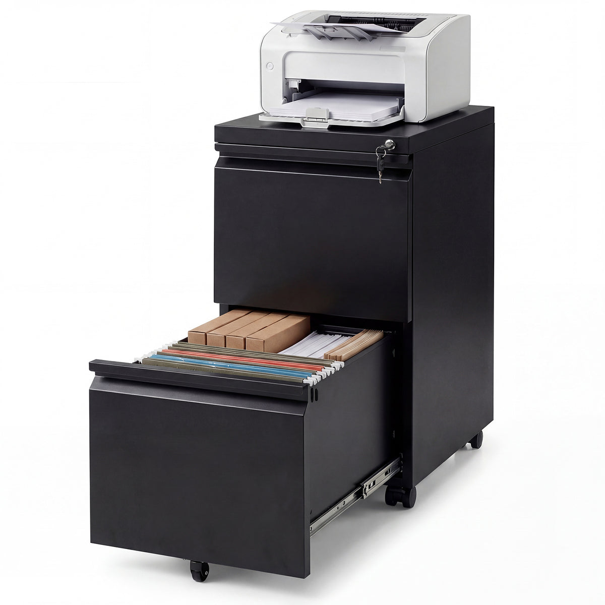 2-Drawer Mobile File Cabinet with 5 Casters and 2 Keys for A4-Black