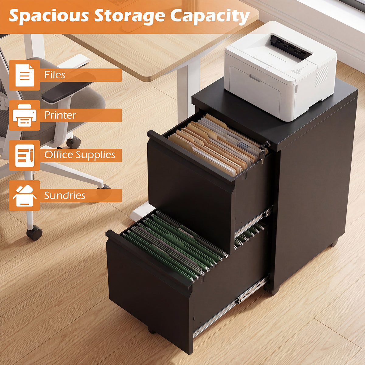 2-Drawer Mobile File Cabinet with 5 Casters and 2 Keys for A4-Black