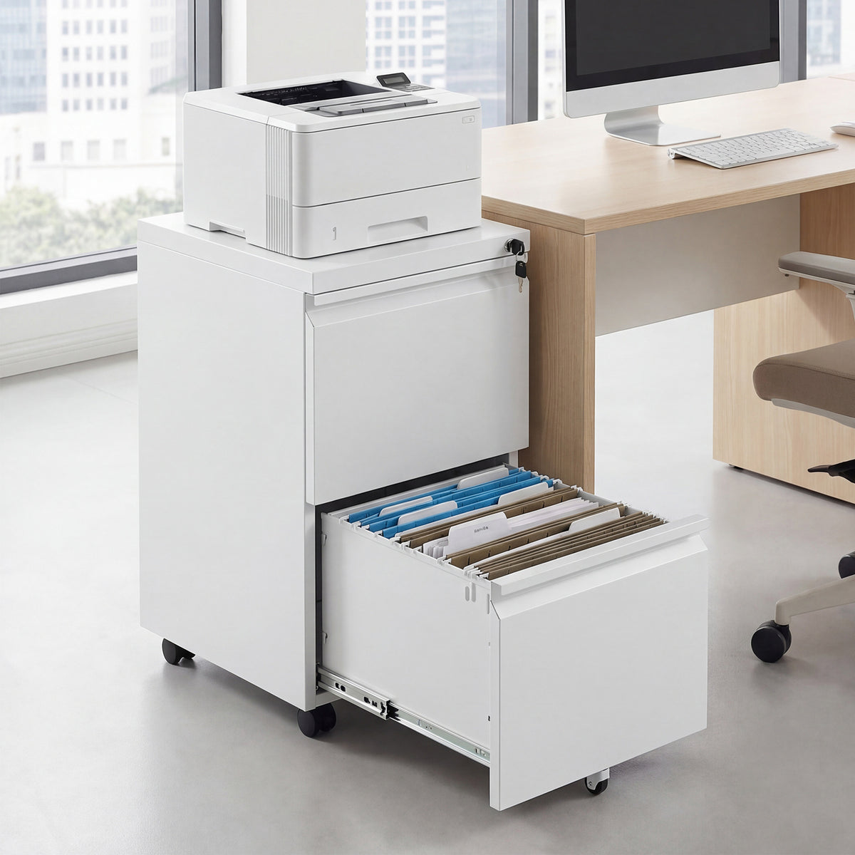 2-Drawer Mobile File Cabinet with 5 Casters and 2 Keys for A4-White