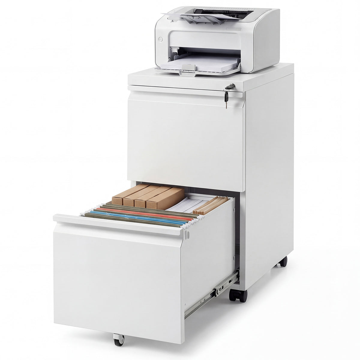 2-Drawer Mobile File Cabinet with 5 Casters and 2 Keys for A4-White