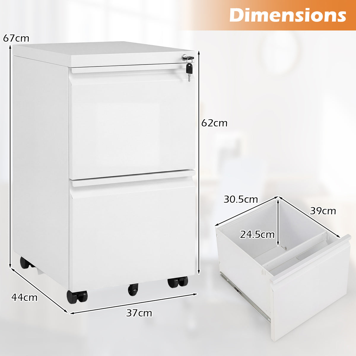 2-Drawer Mobile File Cabinet with 5 Casters and 2 Keys for A4-White