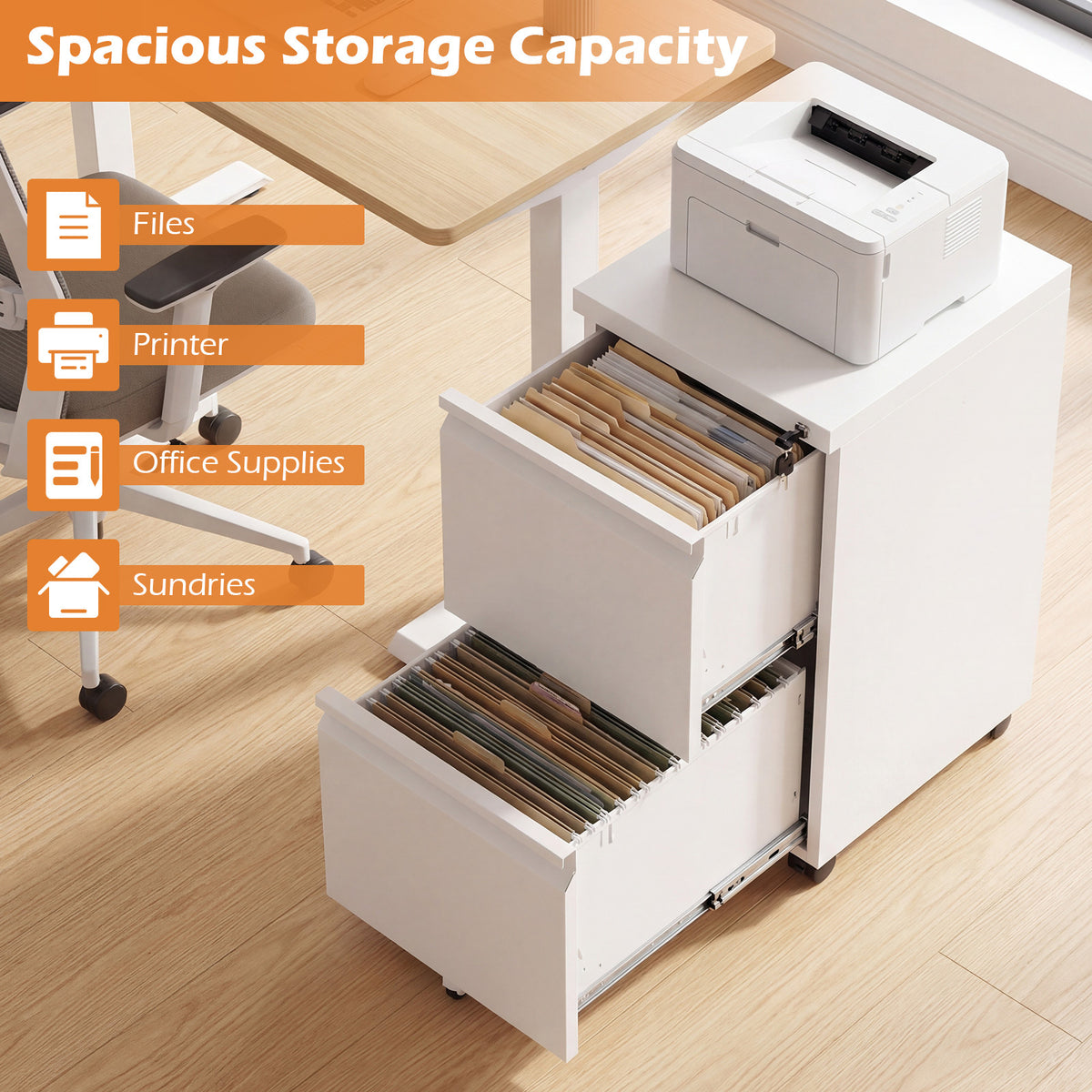 2-Drawer Mobile File Cabinet with 5 Casters and 2 Keys for A4-White