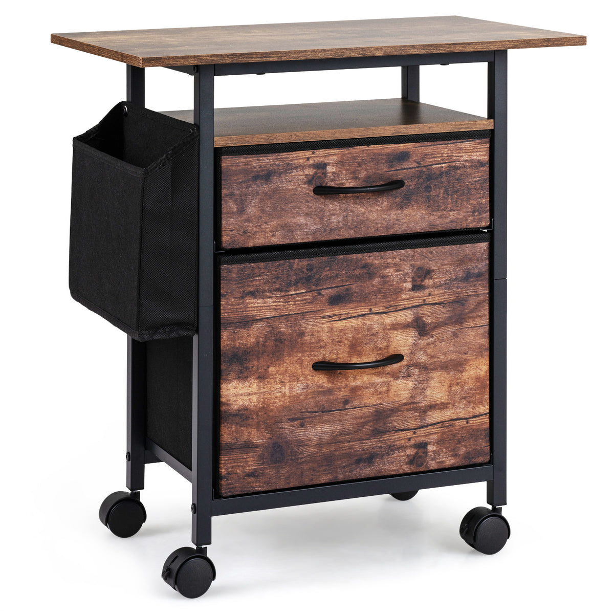 2-Drawer Mobile File Cabinet with Extended Tabletop and Rolling Printer Stand-Brown