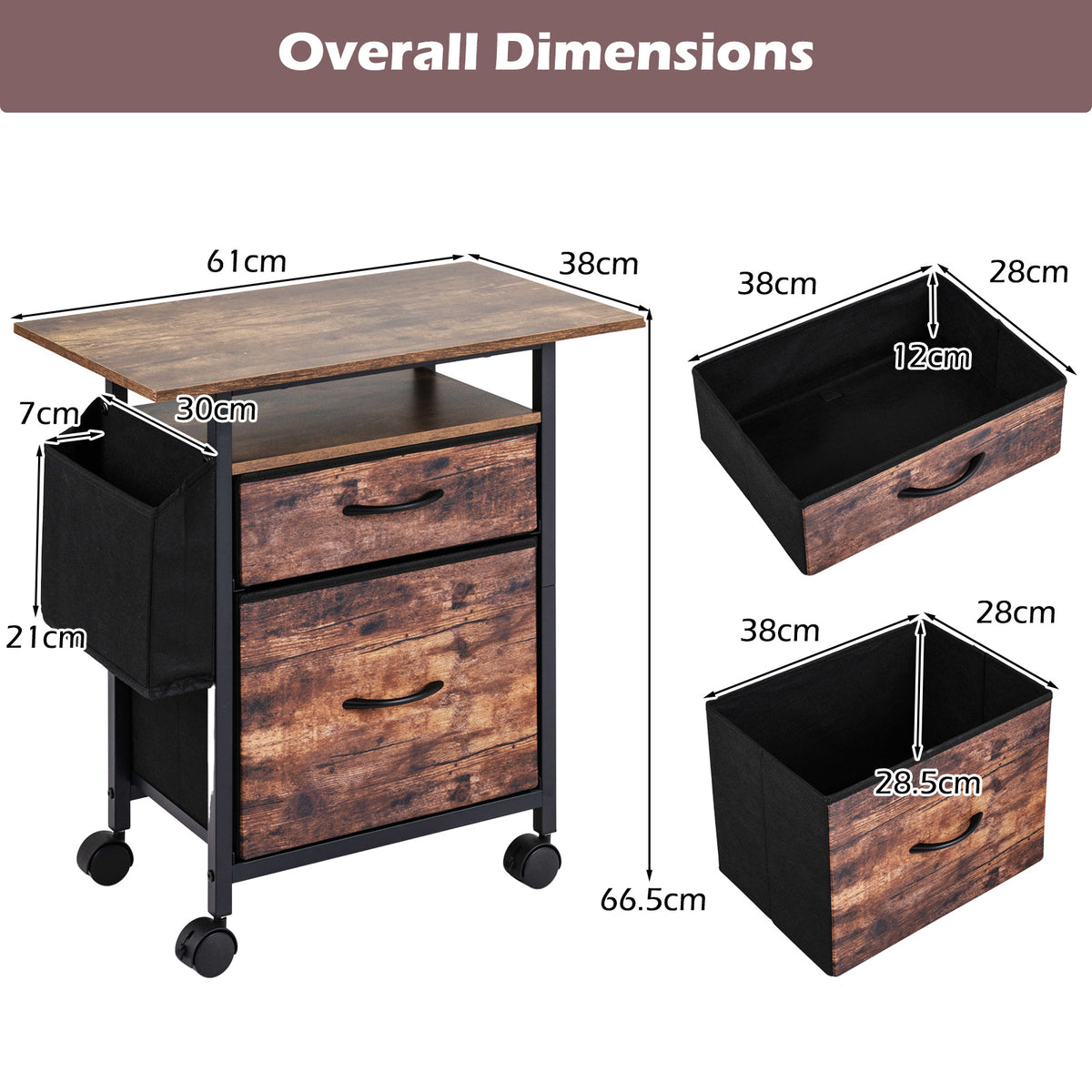 2-Drawer Mobile File Cabinet with Extended Tabletop and Rolling Printer Stand-Brown
