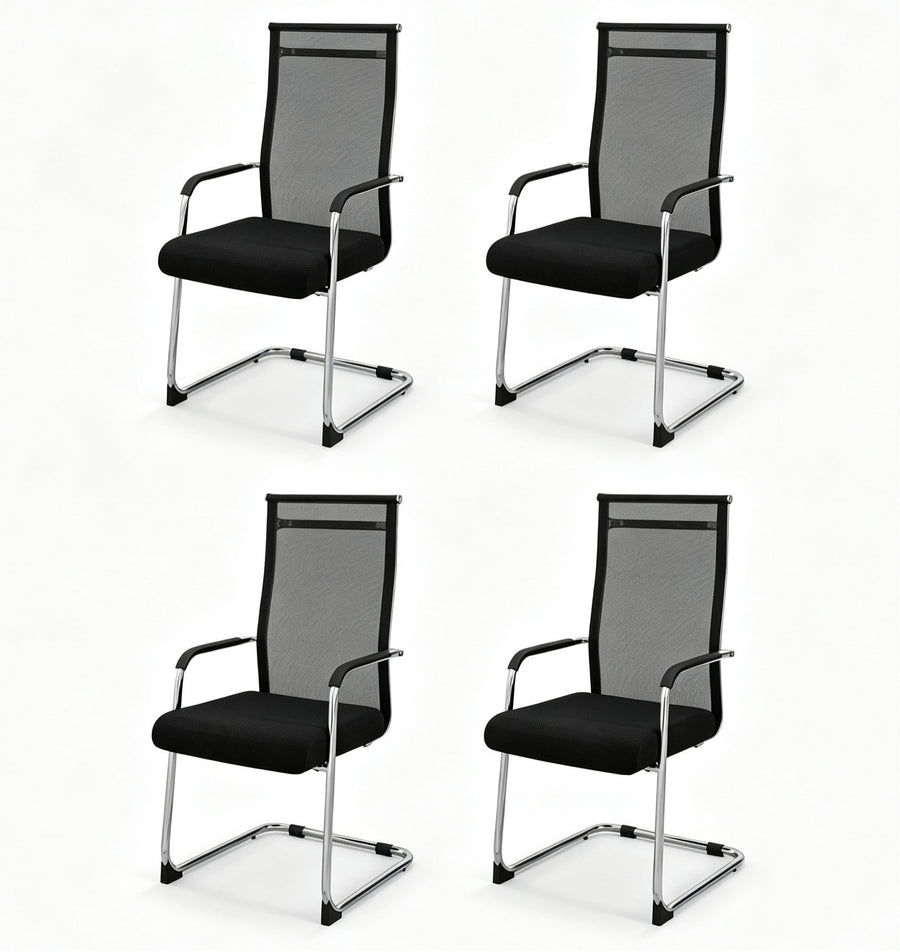 Set of 4 Office Guest Chairs with Metal Sled Base and Armrests-Black