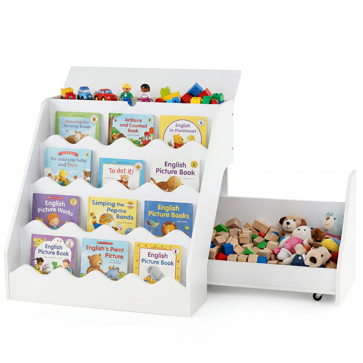 2-In-1 Kids' Bookshelf and Toy Storage Organizer with Rolling Drawer Cart and 4 Tier Book Shelf-White