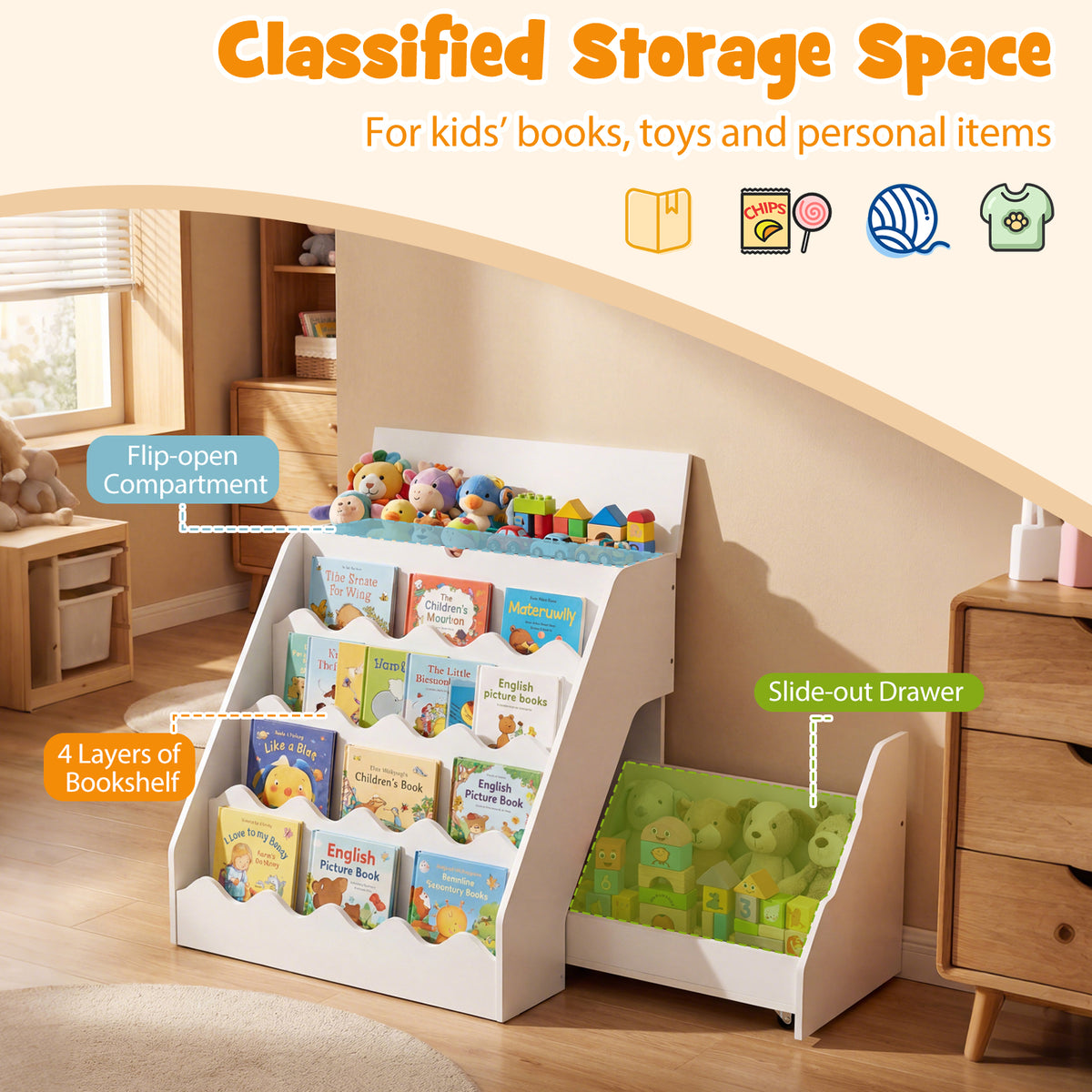 2-In-1 Kids' Bookshelf and Toy Storage Organizer with Rolling Drawer Cart and 4 Tier Book Shelf-White