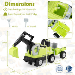 2-In-1 Ride on Push Car with Detachable Trailer and Rake Shovel for Ages 1.5-3-Green