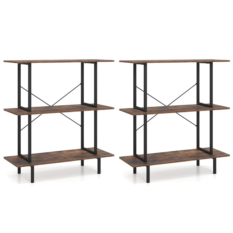 2-Pack 3-Tier Industrial Bookshelf with Open Shelves for Living Room Study-Rustic Brown
