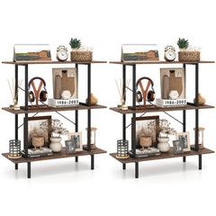 Two rustic brown industrial bookcases, each with three shelves, decorated with various items
