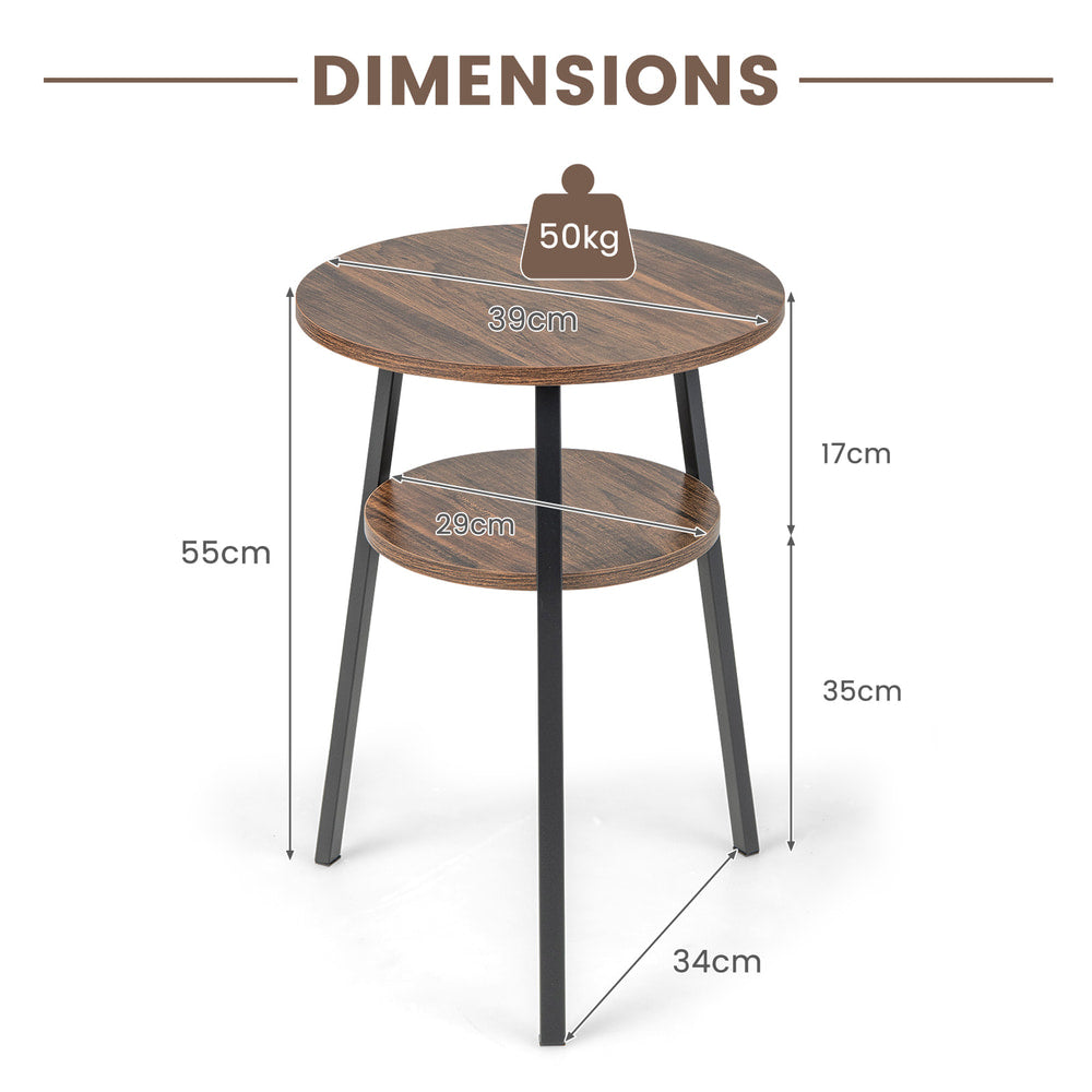 The wooden side table showing height and width measurements with arrows