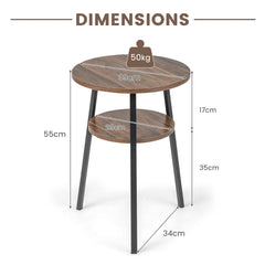 The wooden side table showing height and width measurements with arrows