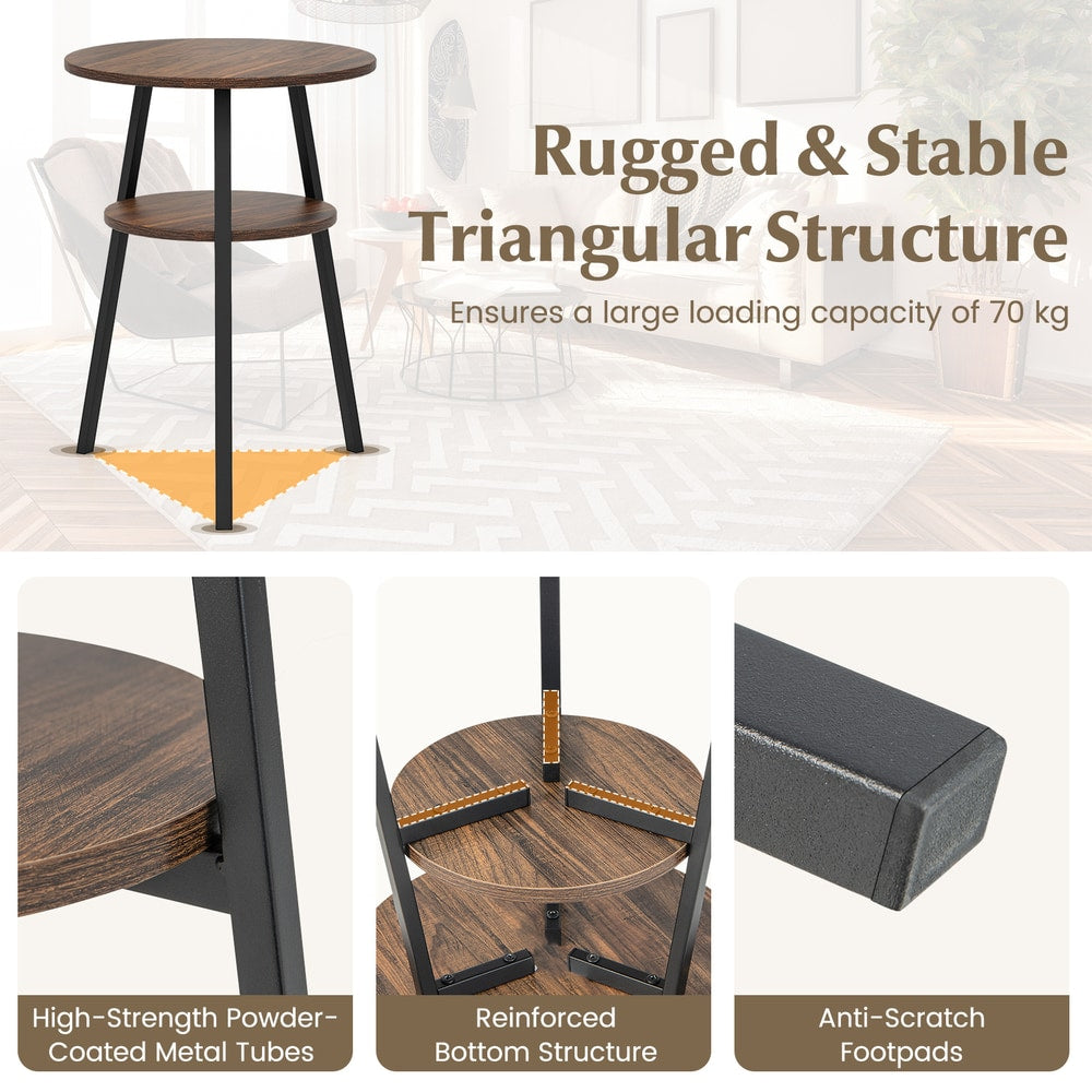 The side table showing the triangular frame and metal leg construction