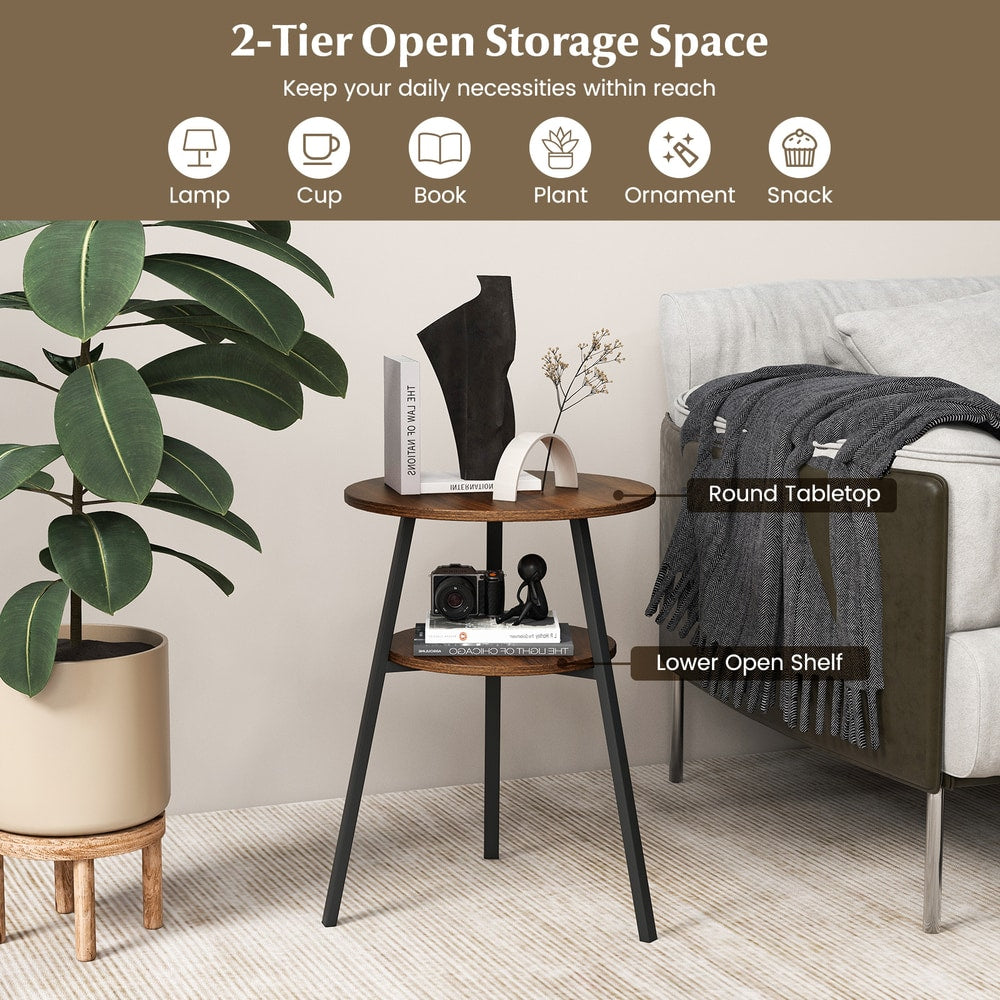The end table in a room with labels pointing to the round tabletop and lower open shelf