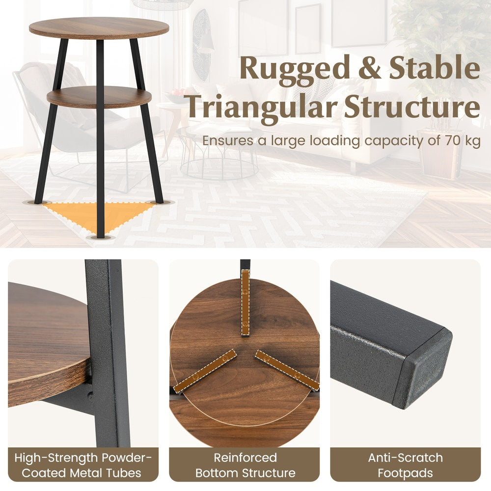 The end table showing the triangular base structure and close-ups of the metal legs and feet
