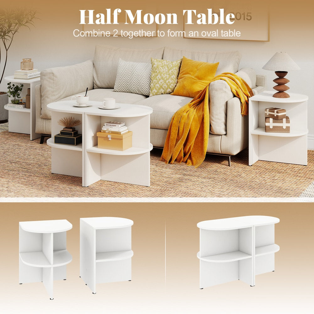 Two white half round end tables combined to form an oval table