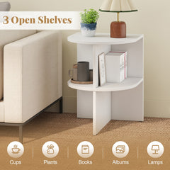 White half round end table with items on its shelves