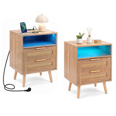 2 Pack LED Lights Rattan Bedside Table with Charging Station 2 Drawers