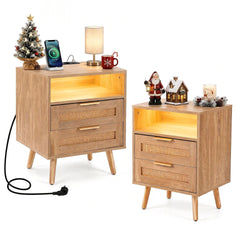 2 Pack LED Lights Rattan Bedside Table with Charging Station 2 Drawers