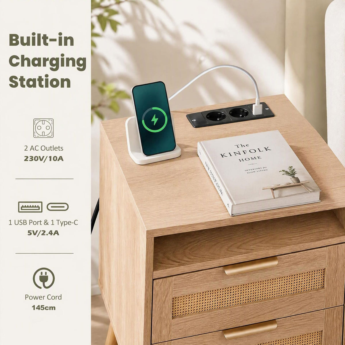2 Pack LED Lights Rattan Bedside Table with Charging Station 2 Drawers
