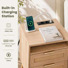 2 Pack LED Lights Rattan Bedside Table with Charging Station 2 Drawers