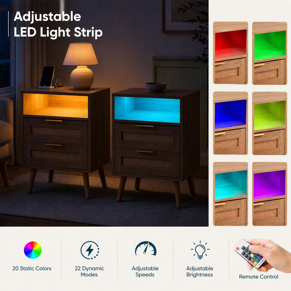 2 Pack LED Lights Rattan Bedside Table with Charging Station 2 Drawers