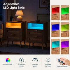 2 Pack LED Lights Rattan Bedside Table with Charging Station 2 Drawers