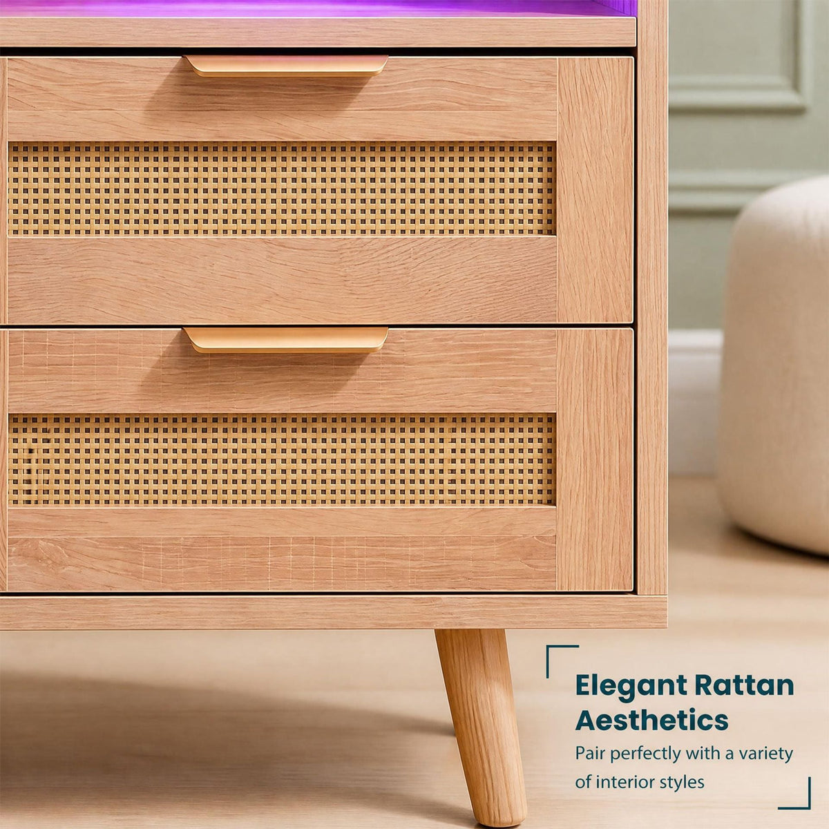 2 Pack LED Lights Rattan Bedside Table with Charging Station 2 Drawers