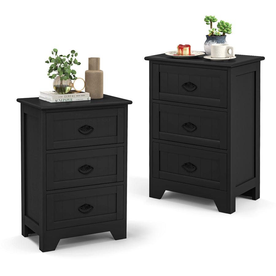 2 Pack Vintage 3-Tier Nightstand with Exquisite Metal Handles-Black