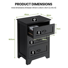 Black vintage nightstand with dimensions and weight capacity for each drawer
