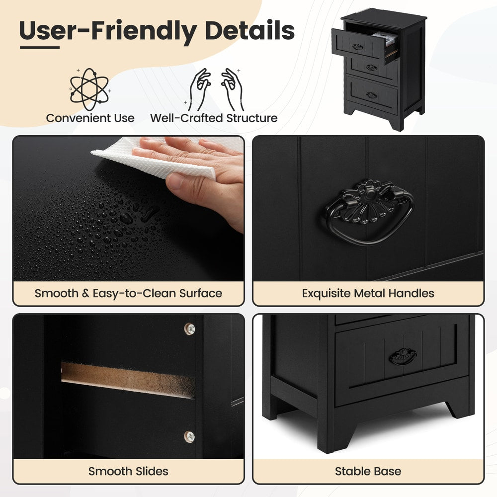 Close up of smooth surface, metal handles, drawer slides and stable base of a black nightstand