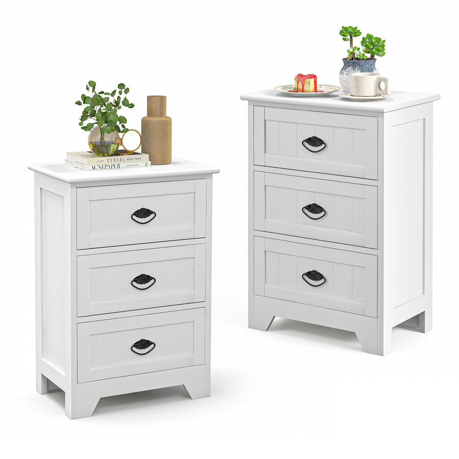2 Pack Vintage 3-Tier Nightstand with Exquisite Metal Handles-White