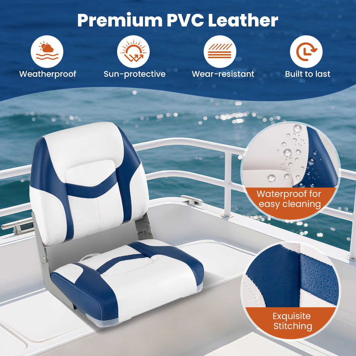 2-Pack Fold-down Low Back Boat Chairs with Waterproof PVC Leather and Thick Sponge Padding-Blue