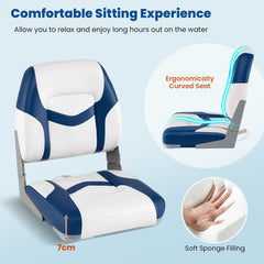 2-Pack Fold-down Low Back Boat Chairs with Waterproof PVC Leather and Thick Sponge Padding-Blue