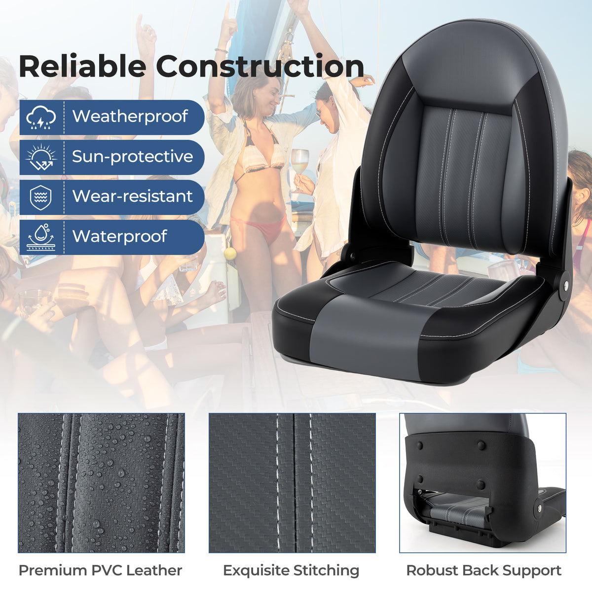 2-Pack Folding High Back Boat Seats with Waterproof PVC Leather and Thick Sponge Padding-Black