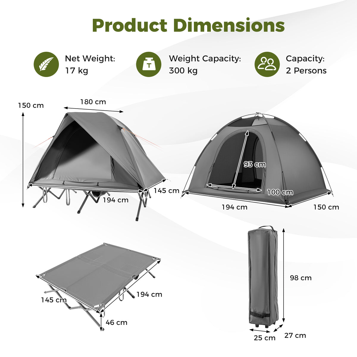 2-Person Camping Cot Tent Foldable Off-Ground Camping Combo for Adults-Grey