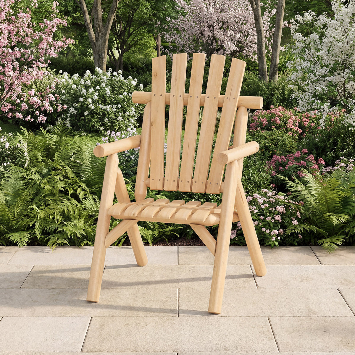 2-Person Fire Pit Lounge Chair with Slatted Backrest Built-in Armrest and Curved Seat-Natural