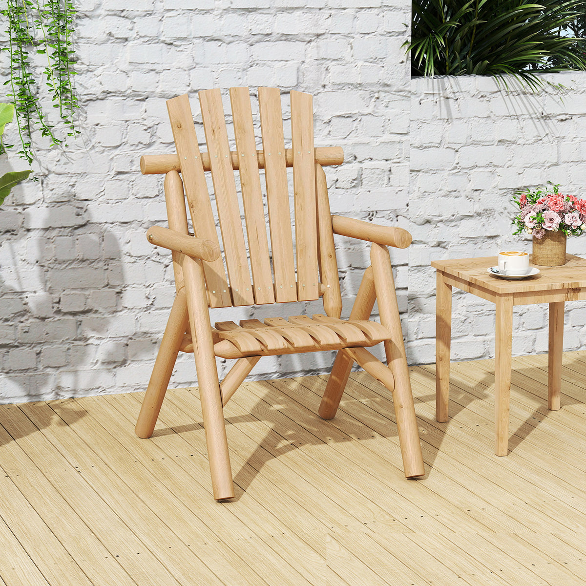 2-Person Fire Pit Lounge Chair with Slatted Backrest Built-in Armrest and Curved Seat-Natural