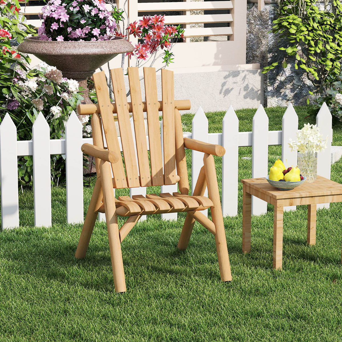 2-Person Fire Pit Lounge Chair with Slatted Backrest Built-in Armrest and Curved Seat-Natural
