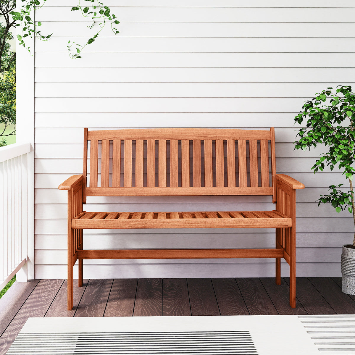 2-Person Outdoor Wood Garden Bench with Backrest Armrests and Slatted Seat