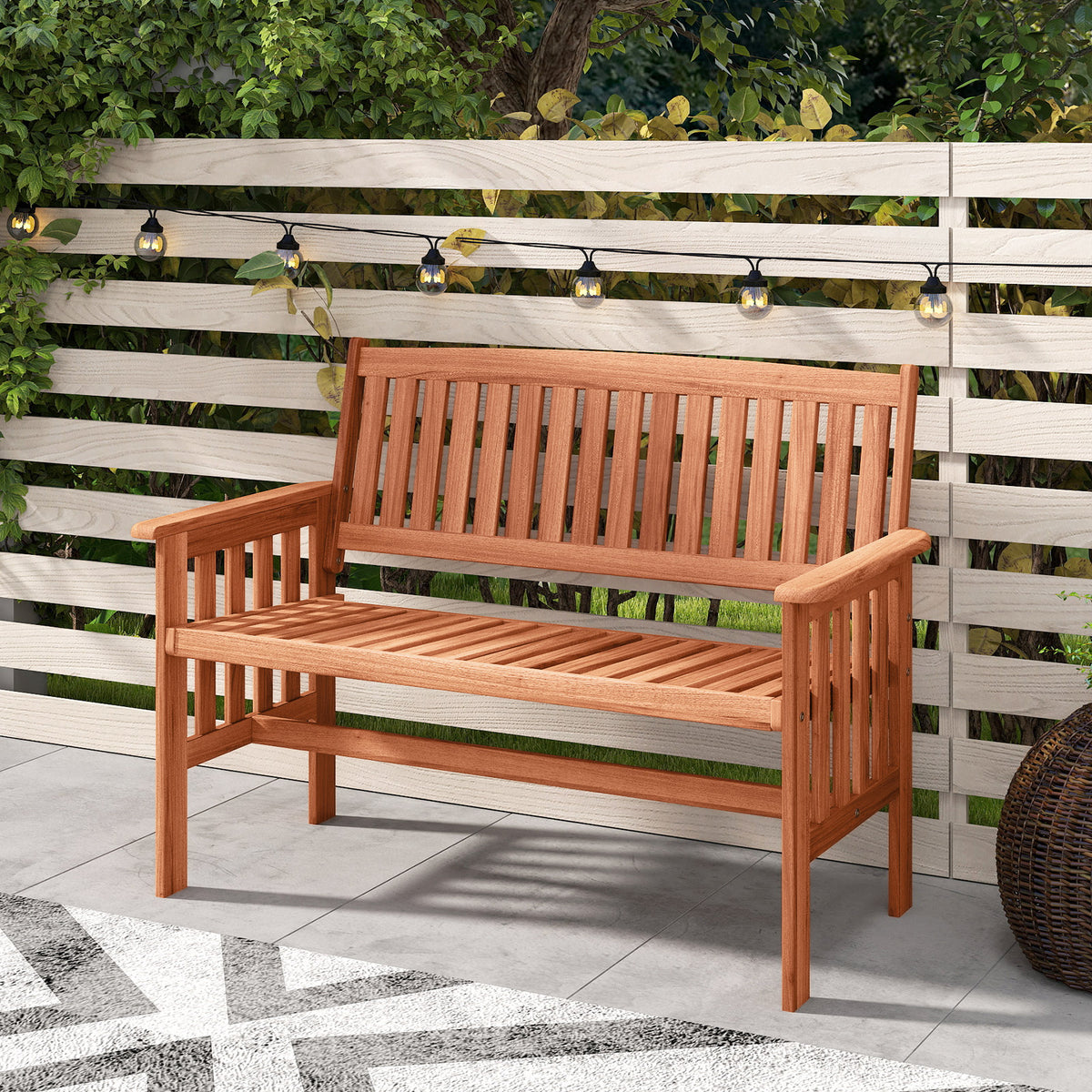 2-Person Outdoor Wood Garden Bench with Backrest Armrests and Slatted Seat