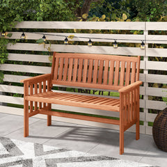 2-Person Outdoor Wood Garden Bench with Backrest Armrests and Slatted Seat