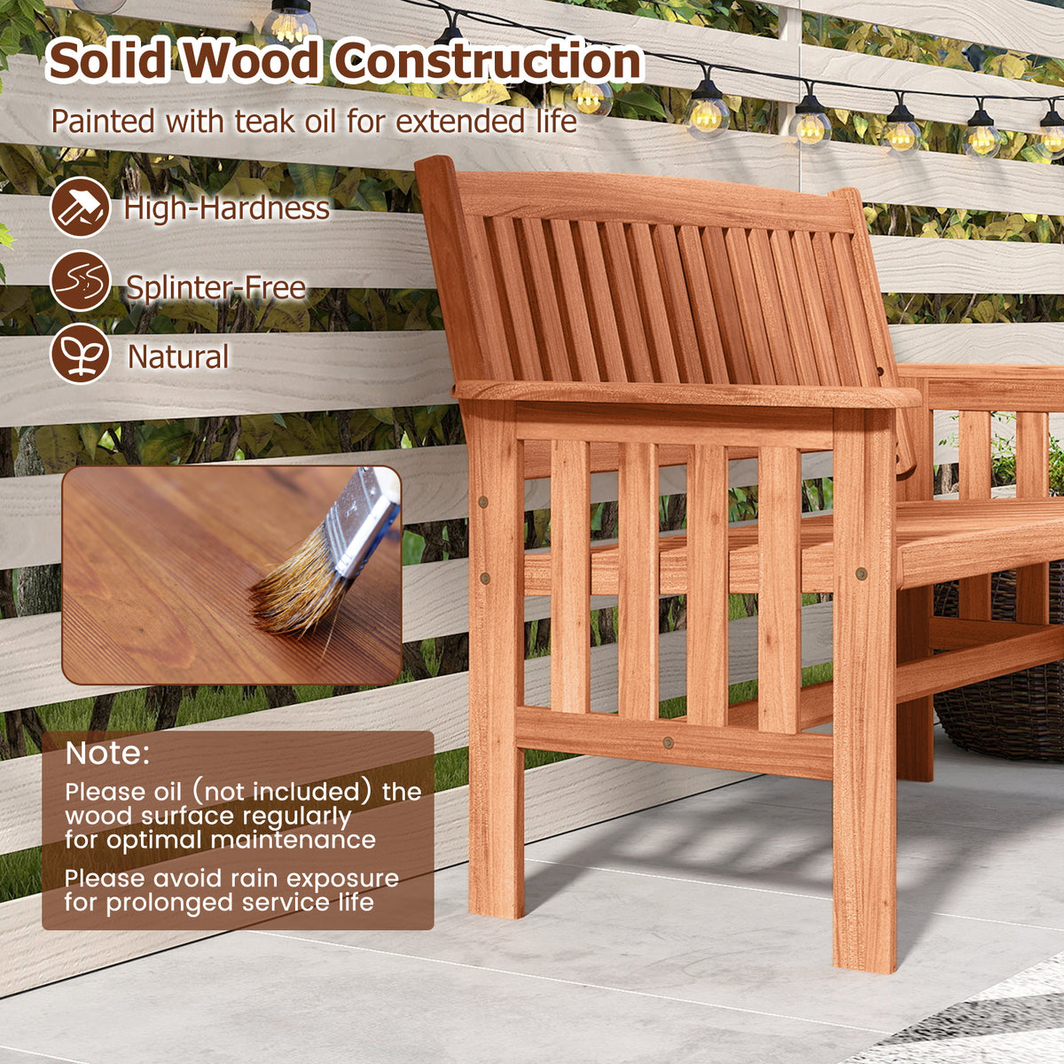 2-Person Outdoor Wood Garden Bench with Backrest Armrests and Slatted Seat