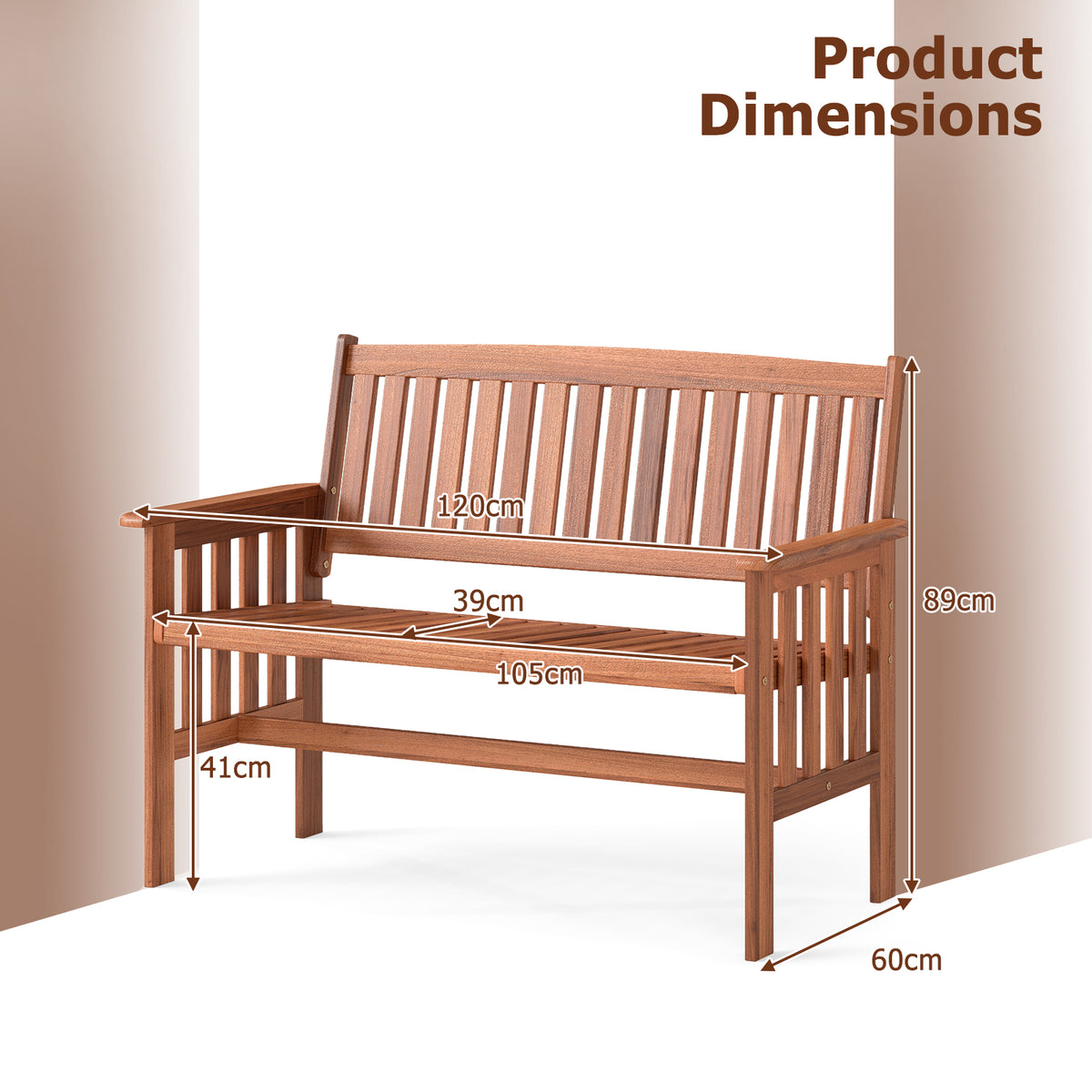 2-Person Outdoor Wood Garden Bench with Backrest Armrests and Slatted Seat