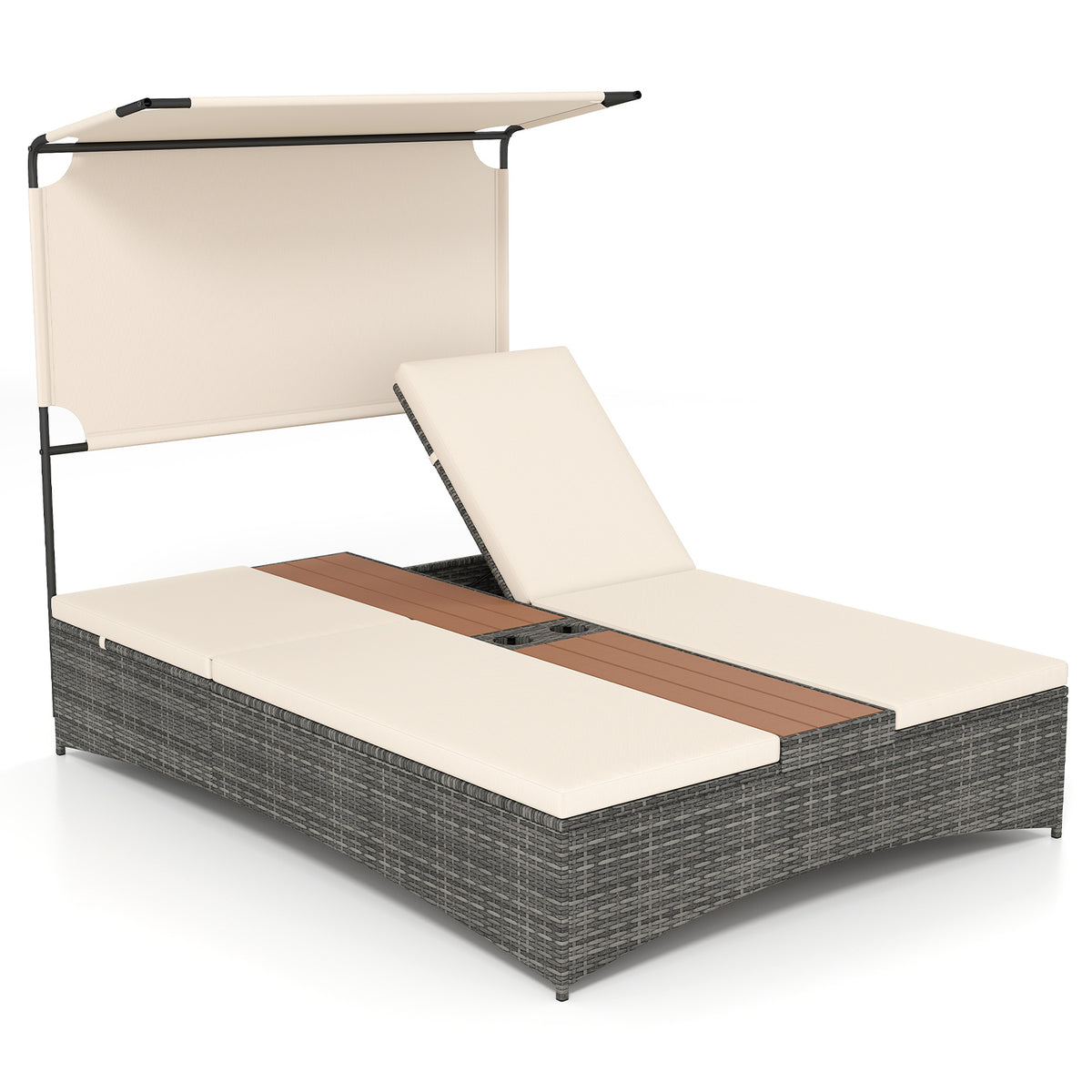 2-Person Rattan Sun Lounger with Canopy and Central Table-Beige