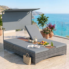 2-Person Rattan Sun Lounger with Canopy and Central Table-Grey