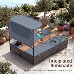 2-Person Rattan Sun Lounger with Canopy and Central Table-Grey