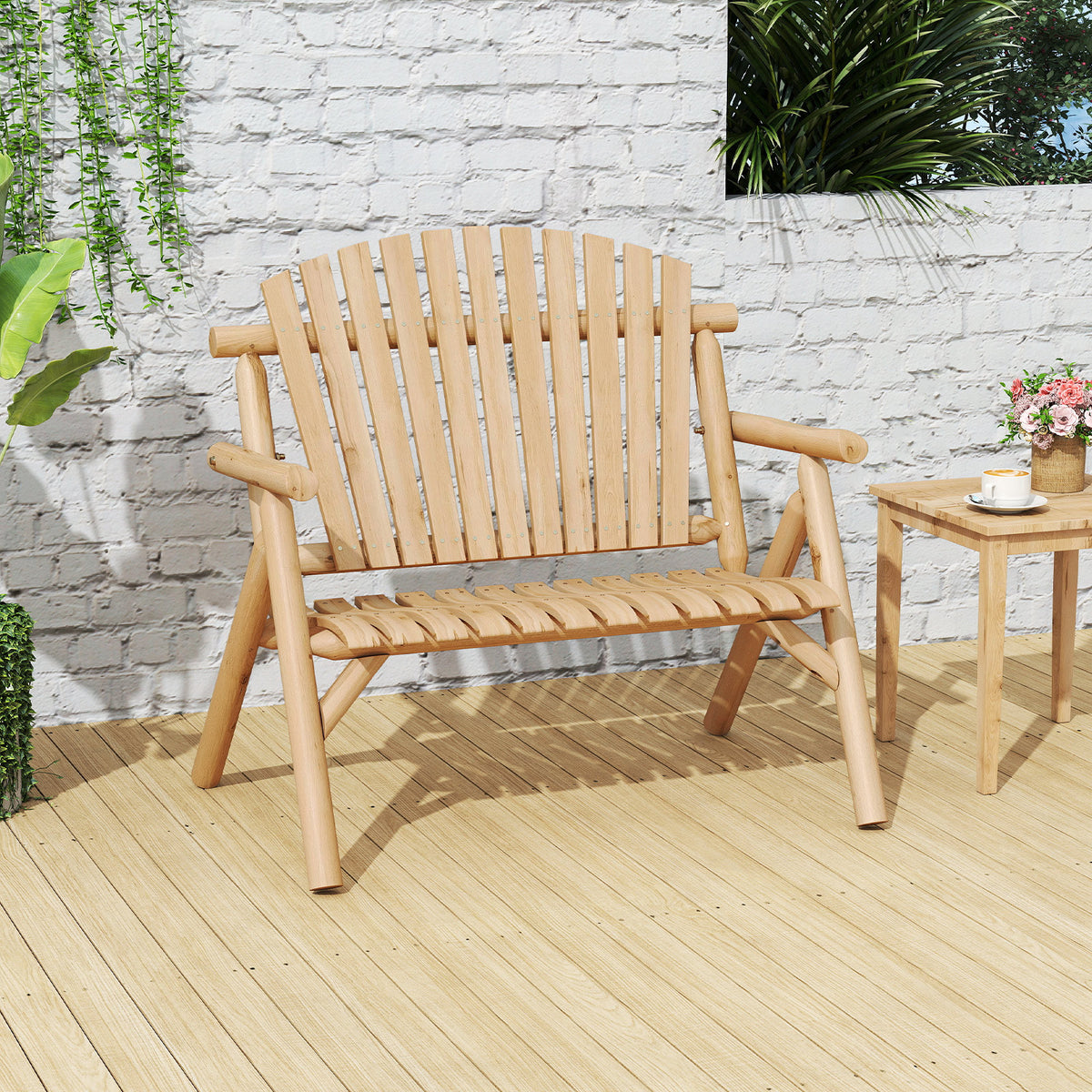 2-PersonLog Wood Patio Bench with Slatted Backrest Built-in Armrest and Curved Seat-Natural