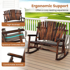 2-Person Outdoor Adirondack Rocking Chair with High Back and Slatted Seat-Brown