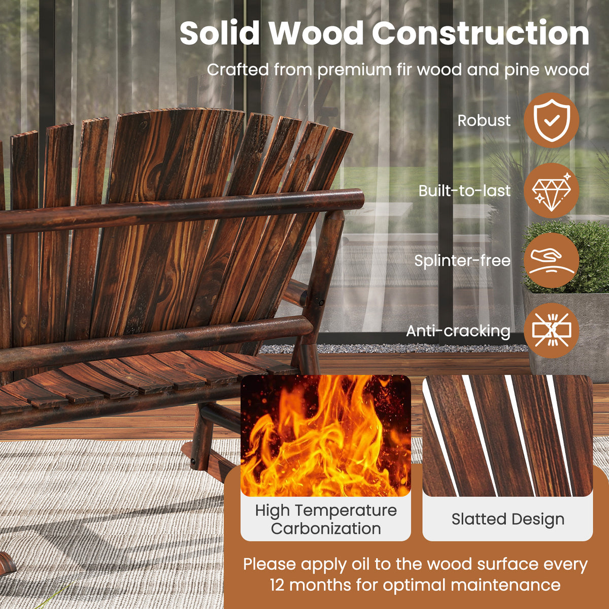 2-Person Outdoor Adirondack Rocking Chair with High Back and Slatted Seat-Brown